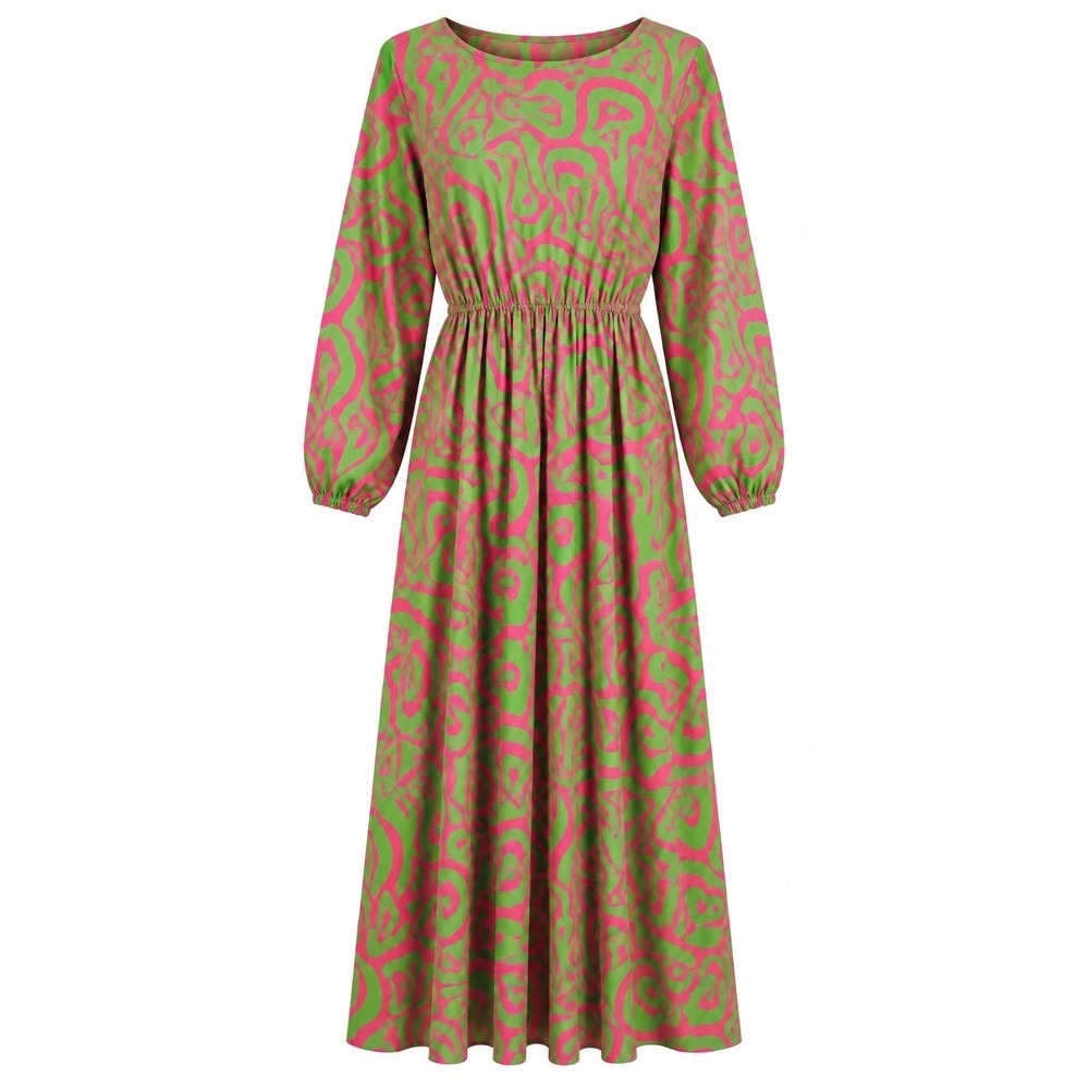 STYLEWE Maxi Dress L Neon Green Hot Pink Abstract Long Sleeve Elastic Waist